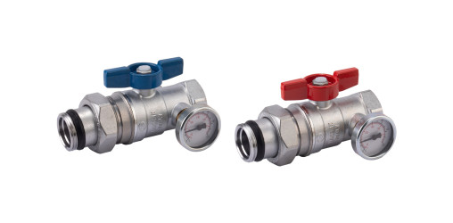 R259SX077 - set 2 kulových kohoutů se šroubením k R553, vnitřní x vnější, s teploměrem, vrtulka, pochromovaný