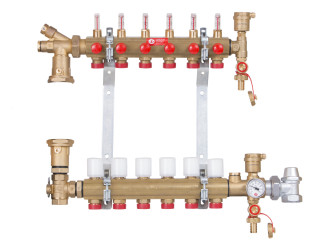 R557FMKT - Směšovací rozdělovač s průtokoměry pro podlahové vytápění do nízko / vysokoteplotních systémů, bez motoru a elektro. čerpadla. Skříň není součástí.