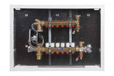 R557MSA-W - Směšovací rozdělovač pro podlahové vytápění do nízkoteplotních a vysokoteplotních systémů s črpadlem Wilo a motorem K282, včetně skříně do zdi.